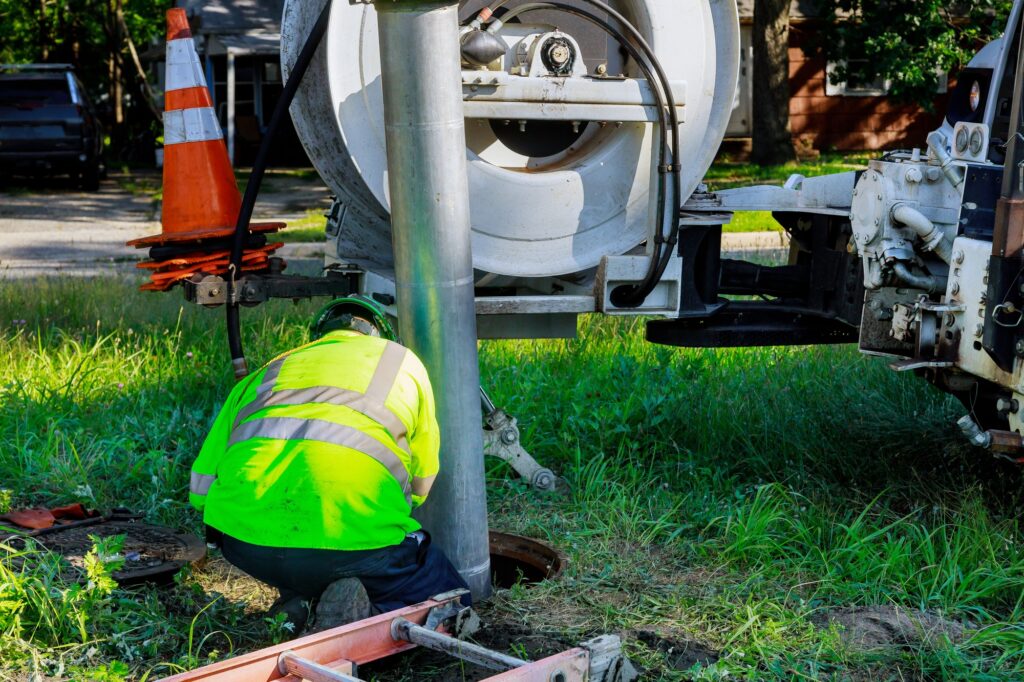 Sewage industrial cleaning truck clean blockage in a sewer line machine from the inside.